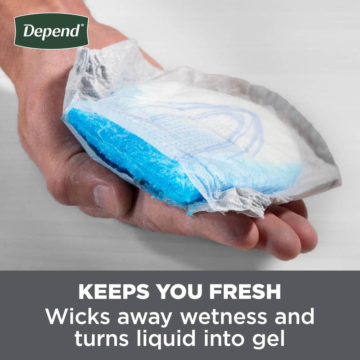 Men's incontinence guard showing blue liquid-to-gel center, hands holding the pad