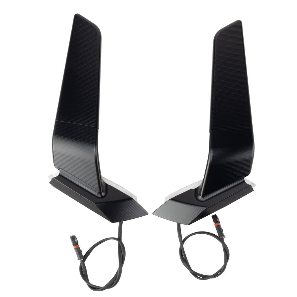 Black motorcycle wind-wing mirrors with textured back and wiring pigtails