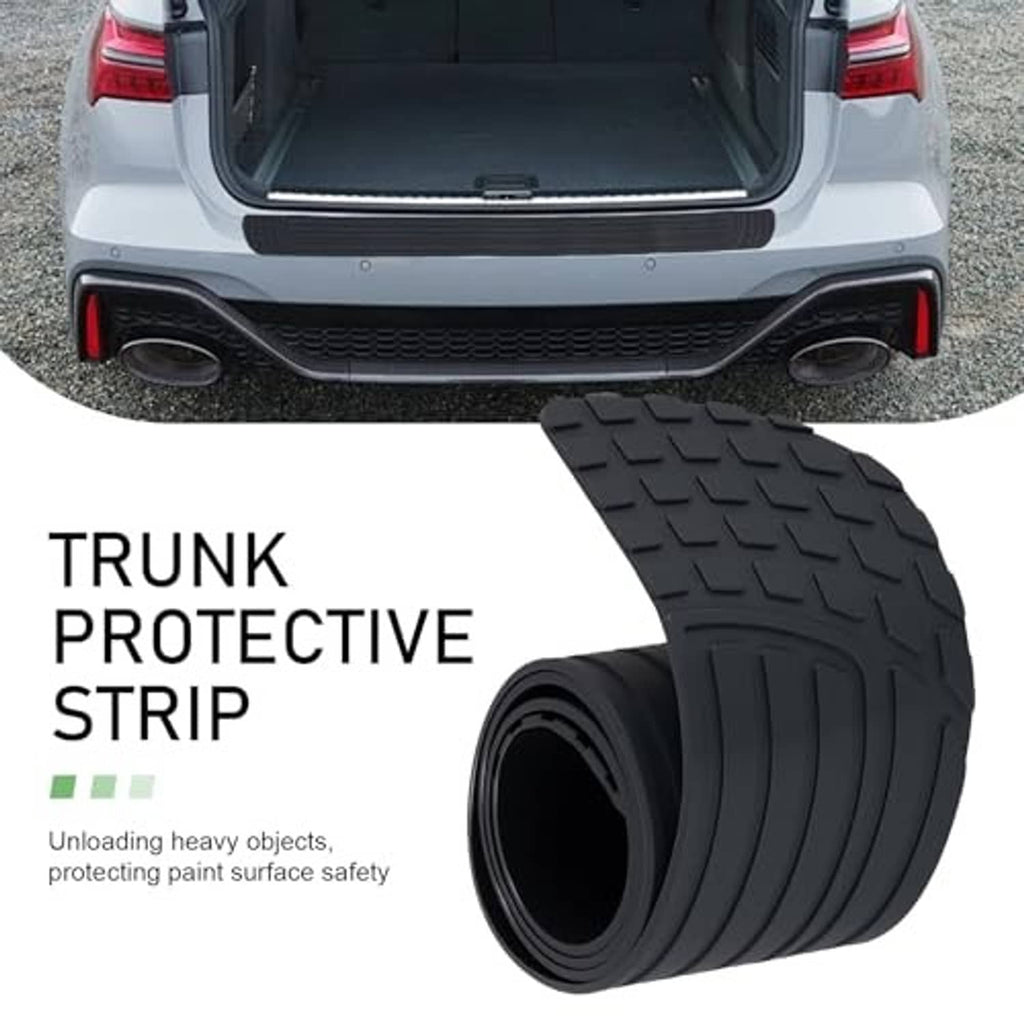 Black trunk protective strip with raised tread texture shown on car rear bumper area