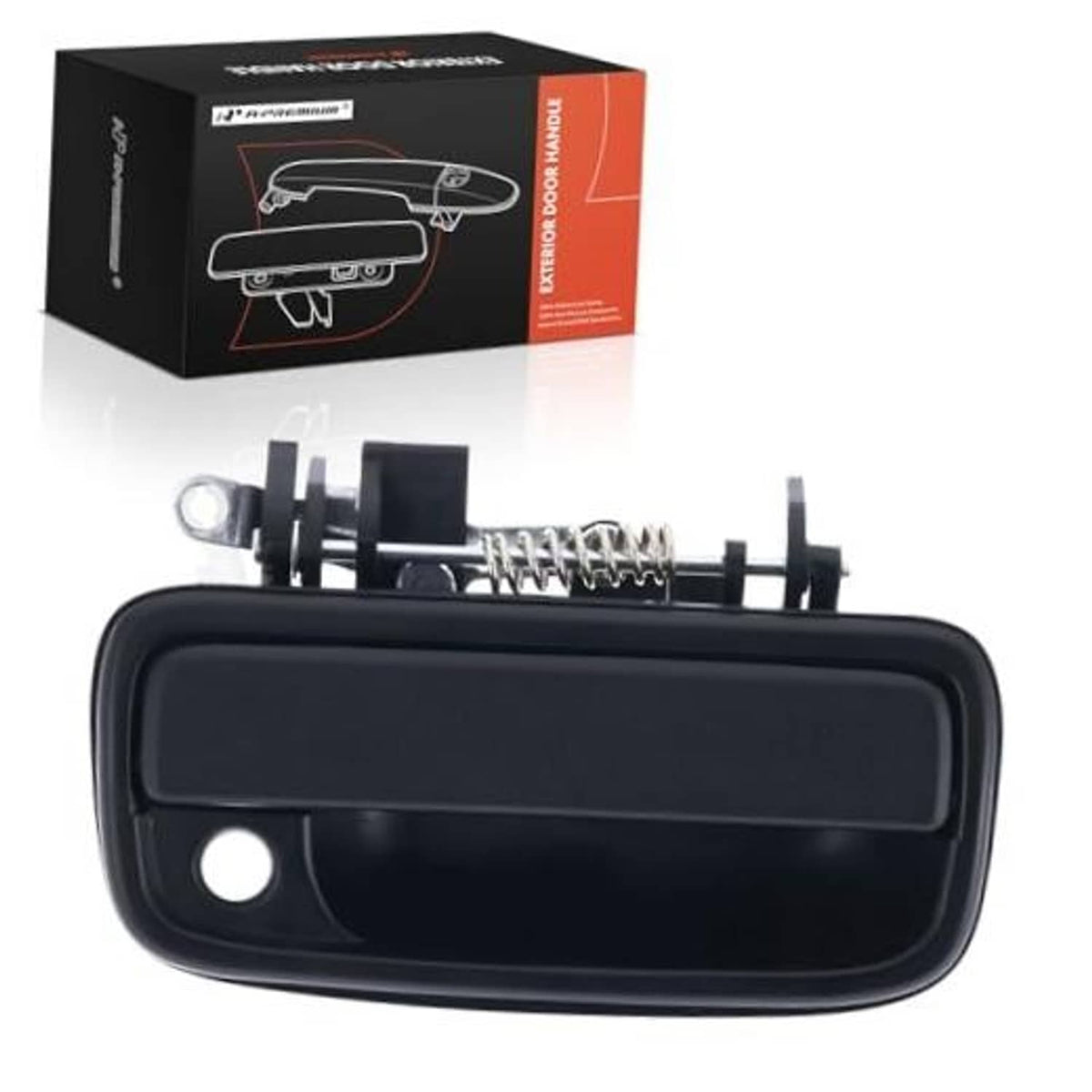 Front right exterior outside door handle with keyhole, textured black ABS plastic