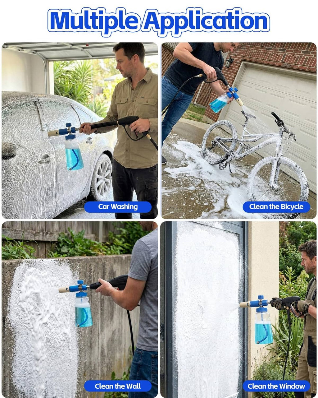 Foam cannon spraying thick suds from a blue-topped clear bottle onto surfaces