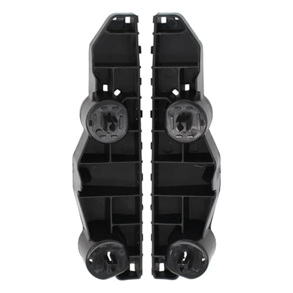 Front bumper bracket retainer pair, black plastic, front faces with round mounting bosses