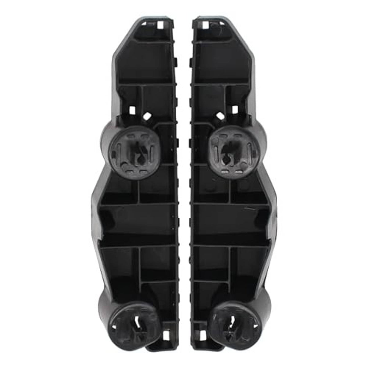 Front bumper bracket retainer pair, black plastic, front faces with round mounting bosses