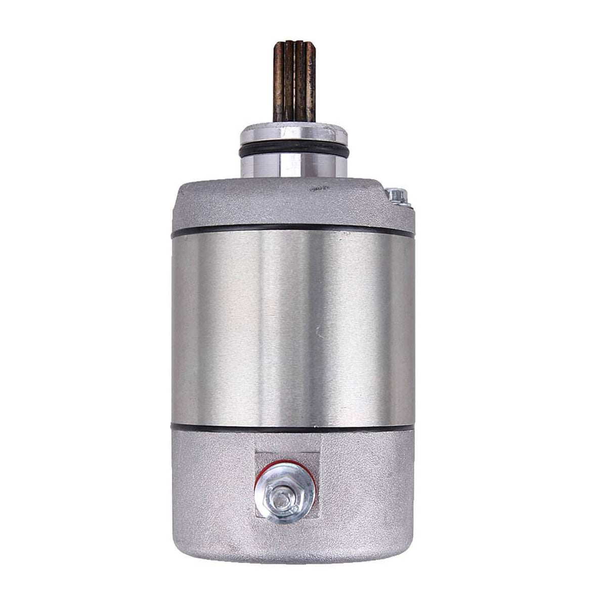 Starter motor assembly front view with mounting feet and center output