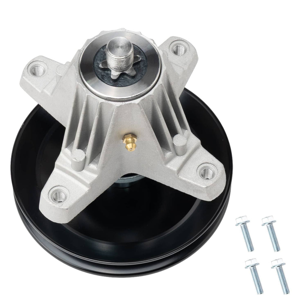 Lawn mower deck spindle assembly with black pulley and silver cast housing, top stud