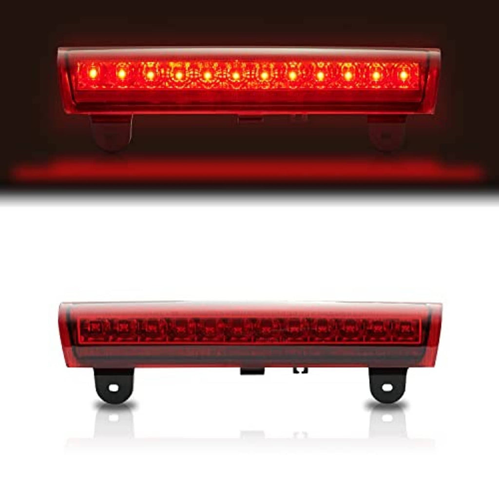 LED third brake light unit with red lens and black mounting brackets, unlit.