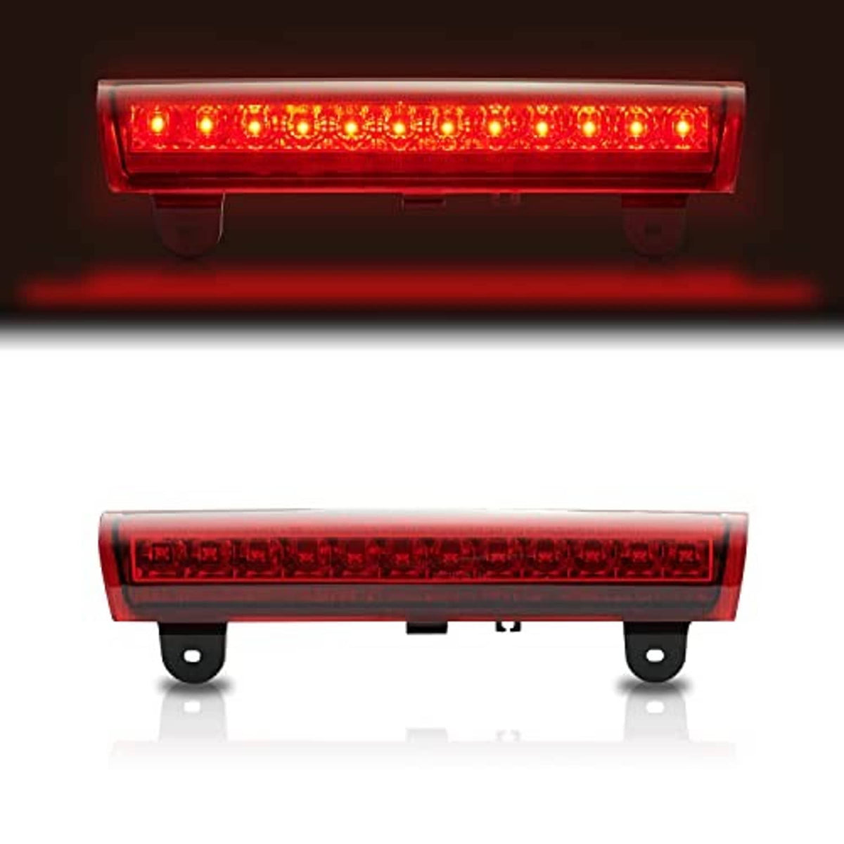 LED third brake light unit with red lens and black mounting brackets, unlit.