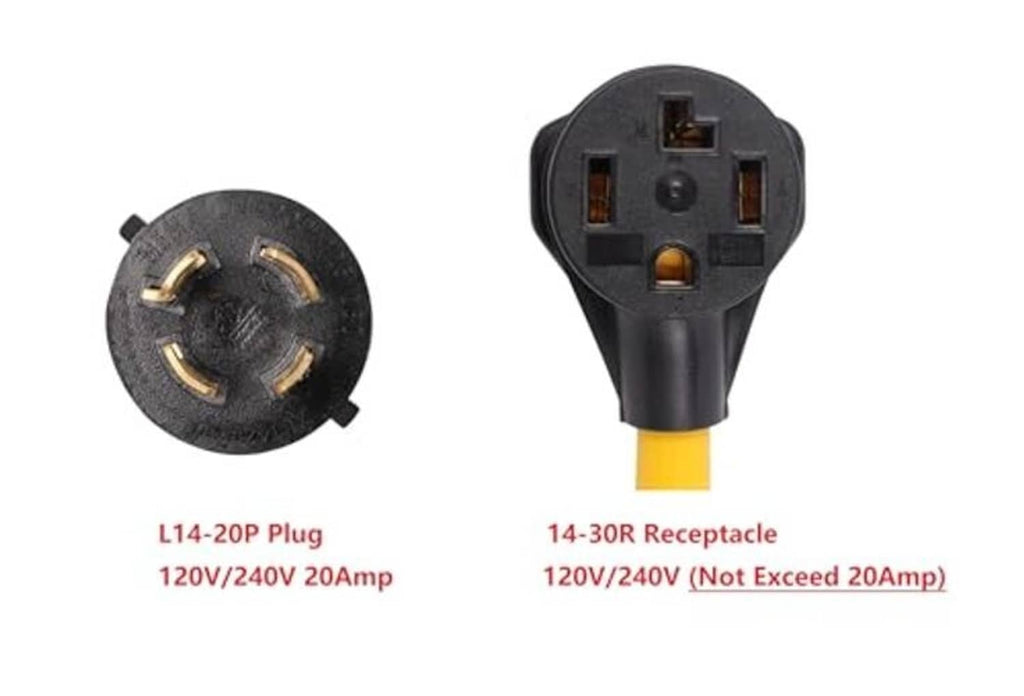 Twist-lock adapter with plug and receptacle ends, yellow cable, two 4-prong connectors