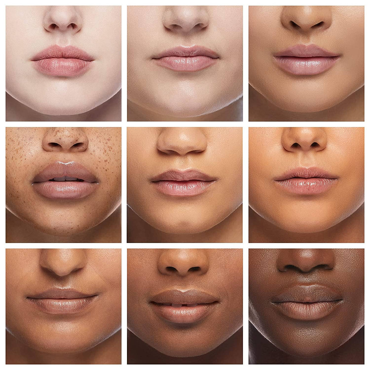 Lip balm application on lips, moisturized look across multiple faces