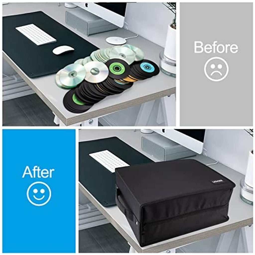 Black DVD storage case with handle sitting on a desk for organized disc storage