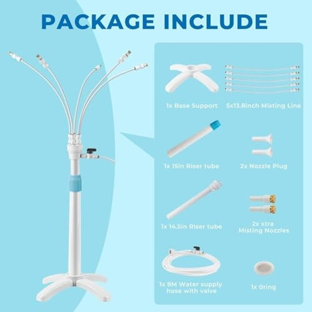 Package contents graphic for standing misting system with base support, tubes, and mist nozzles