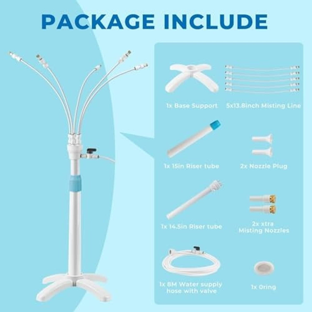 Package contents graphic for standing misting system with base support, tubes, and mist nozzles