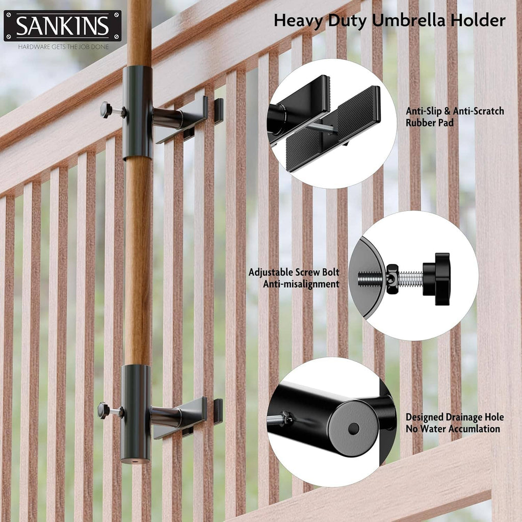 Heavy-duty black umbrella holder with rubber anti-slip pad and adjustable bolt.