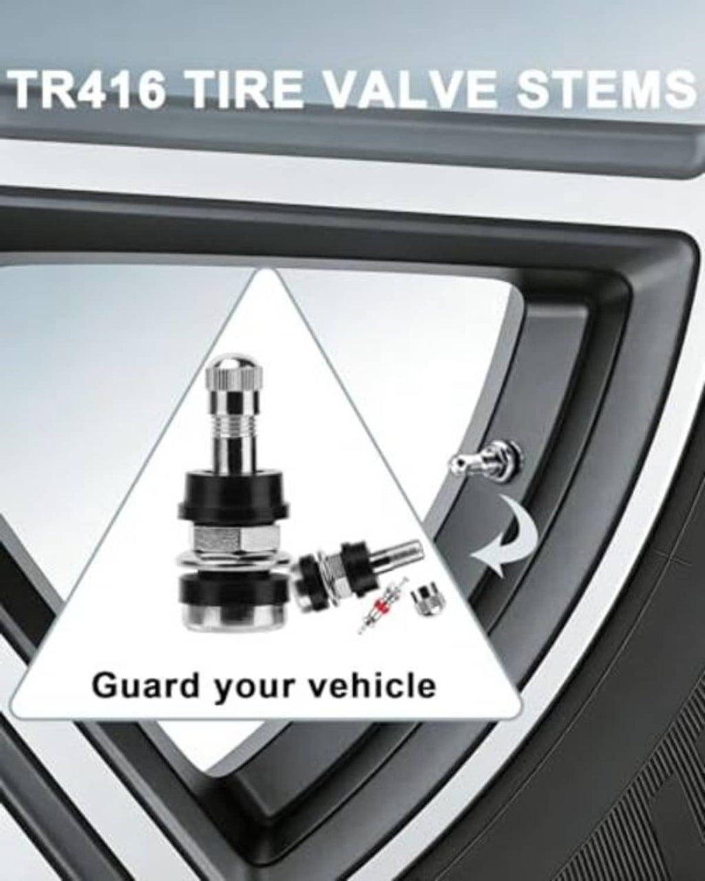 Clamp-in tire valve stems on black wheel rim, chrome head with black base