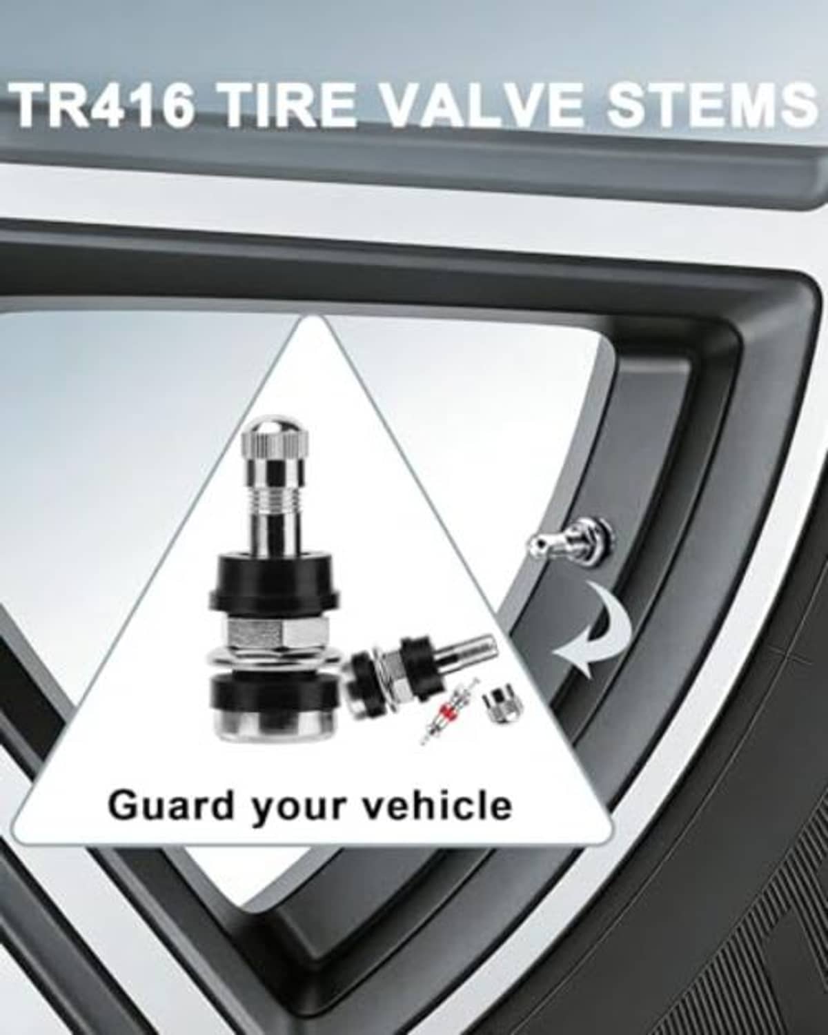 Clamp-in tire valve stems on black wheel rim, chrome head with black base