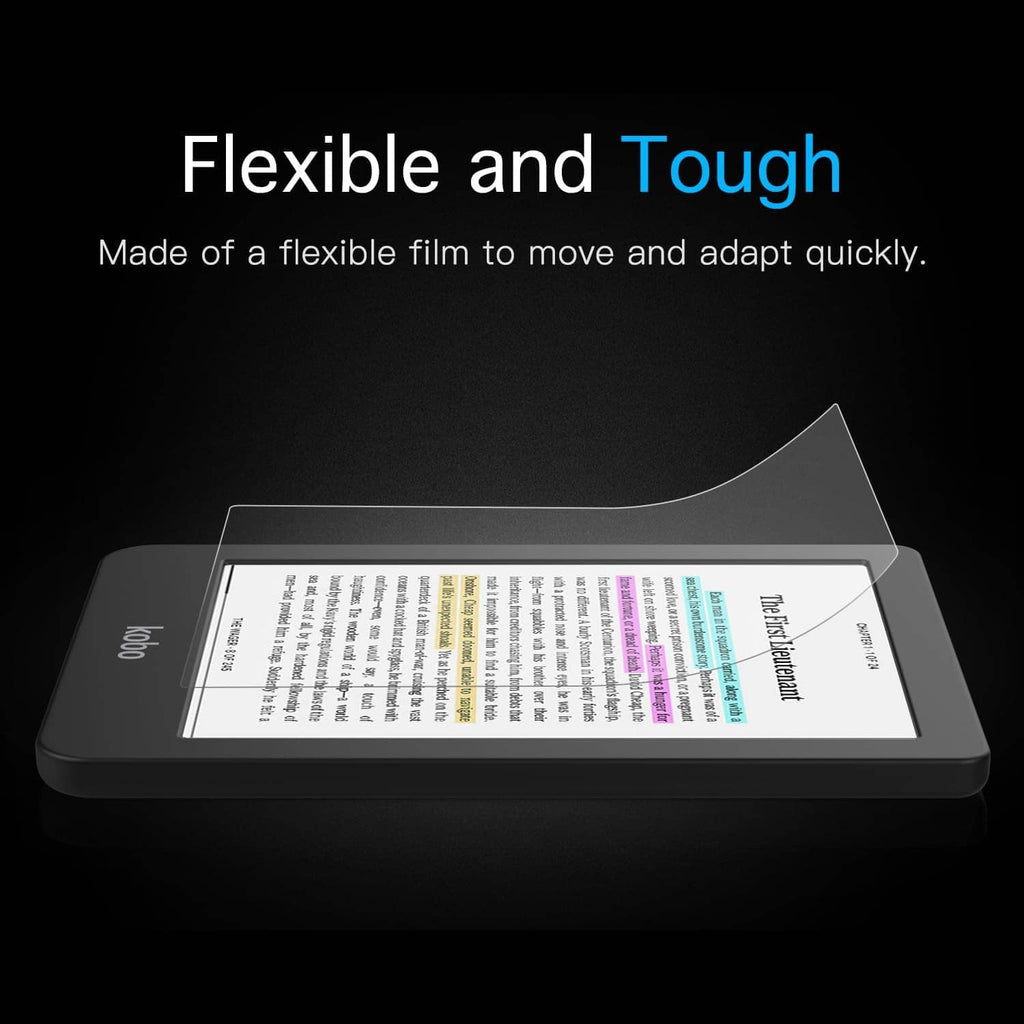 Flexible, tough e-reader screen protector film shown curved and ready to apply