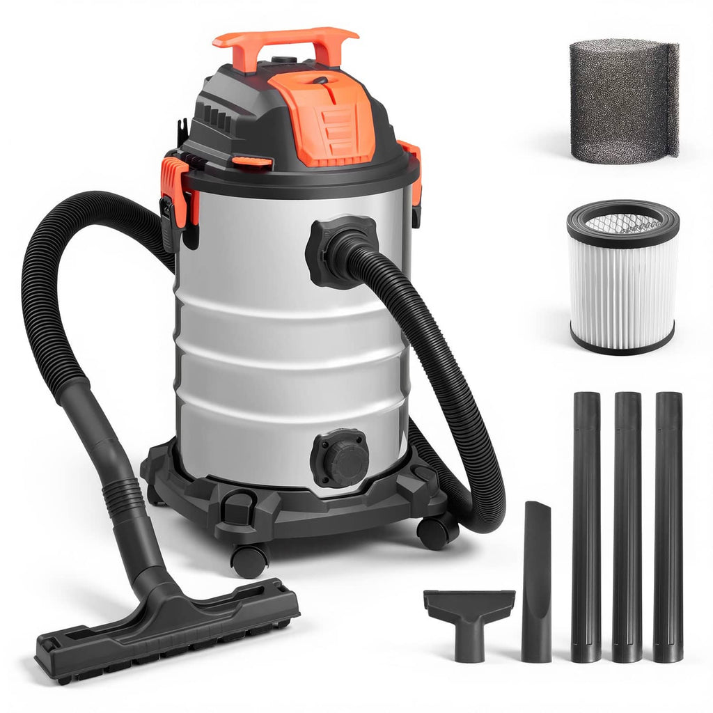 Orange and black wet/dry vacuum cleaner with silver metal tank and hose