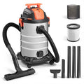 Orange and black wet/dry vacuum cleaner with silver metal tank and hose