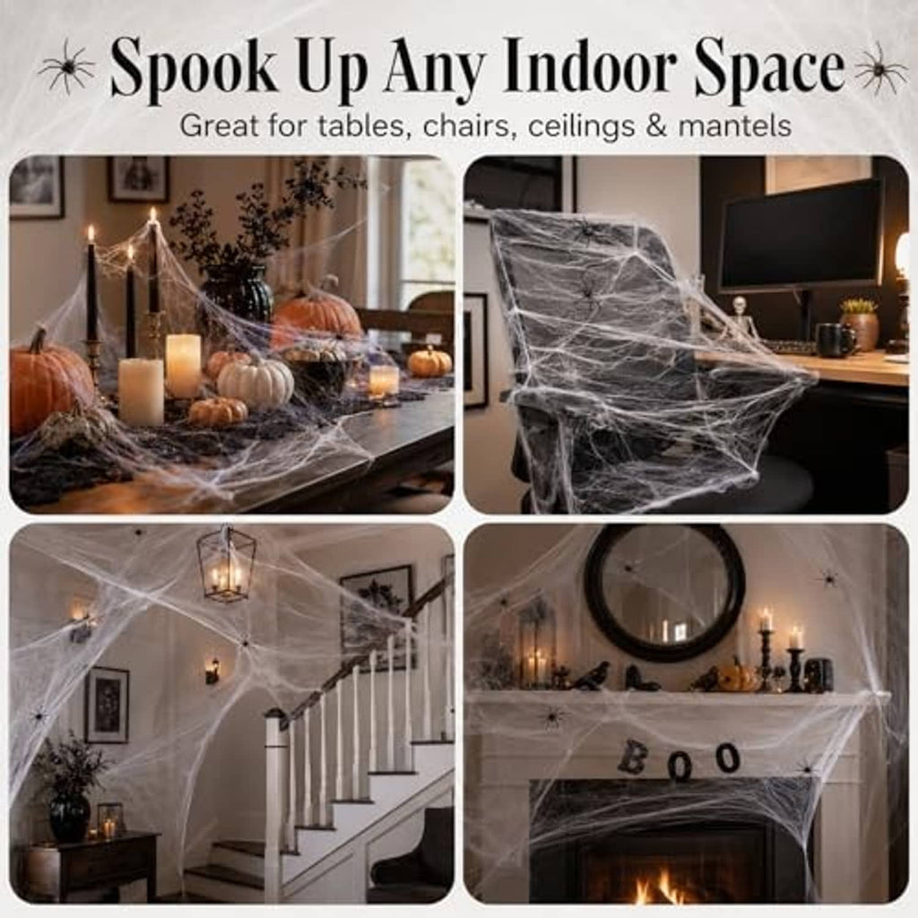 Indoor Halloween spider web decoration covering table and ceiling with webbed spiders