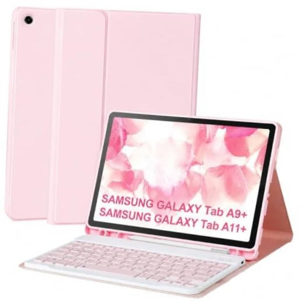 Pink tablet keyboard case with front cover and keyboard docked
