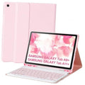 Pink tablet keyboard case with front cover and keyboard docked