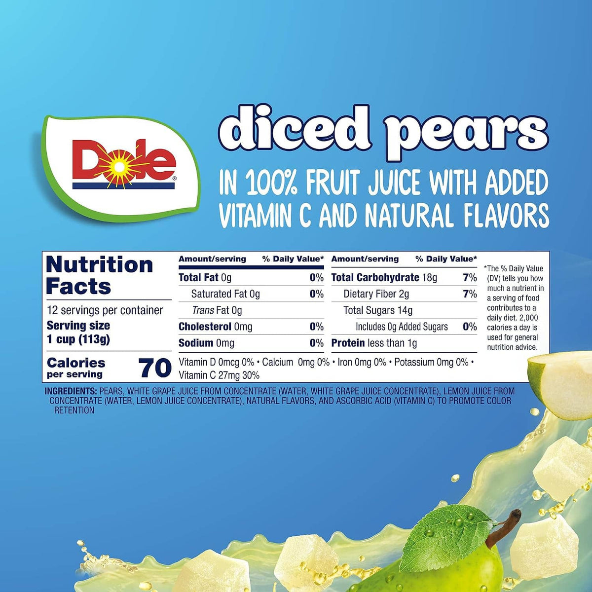 Dole diced pears nutrition facts panel on blue box with pear graphics and labeling