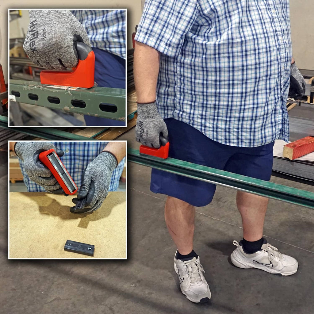 Orange handle magnet in use on metal rail with gloved hands and steel strip