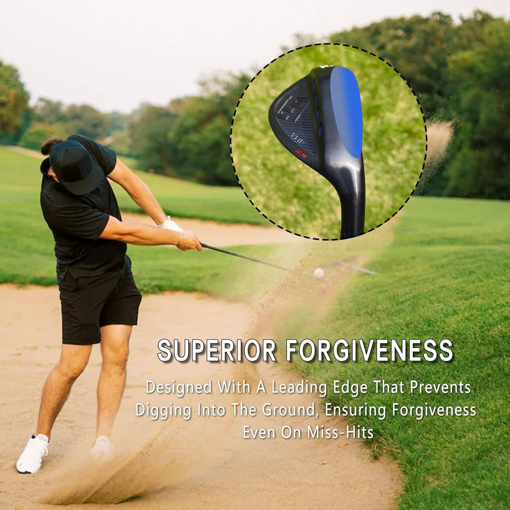 Golf wedge in swing with ball near impact, blue-highlighted head detail