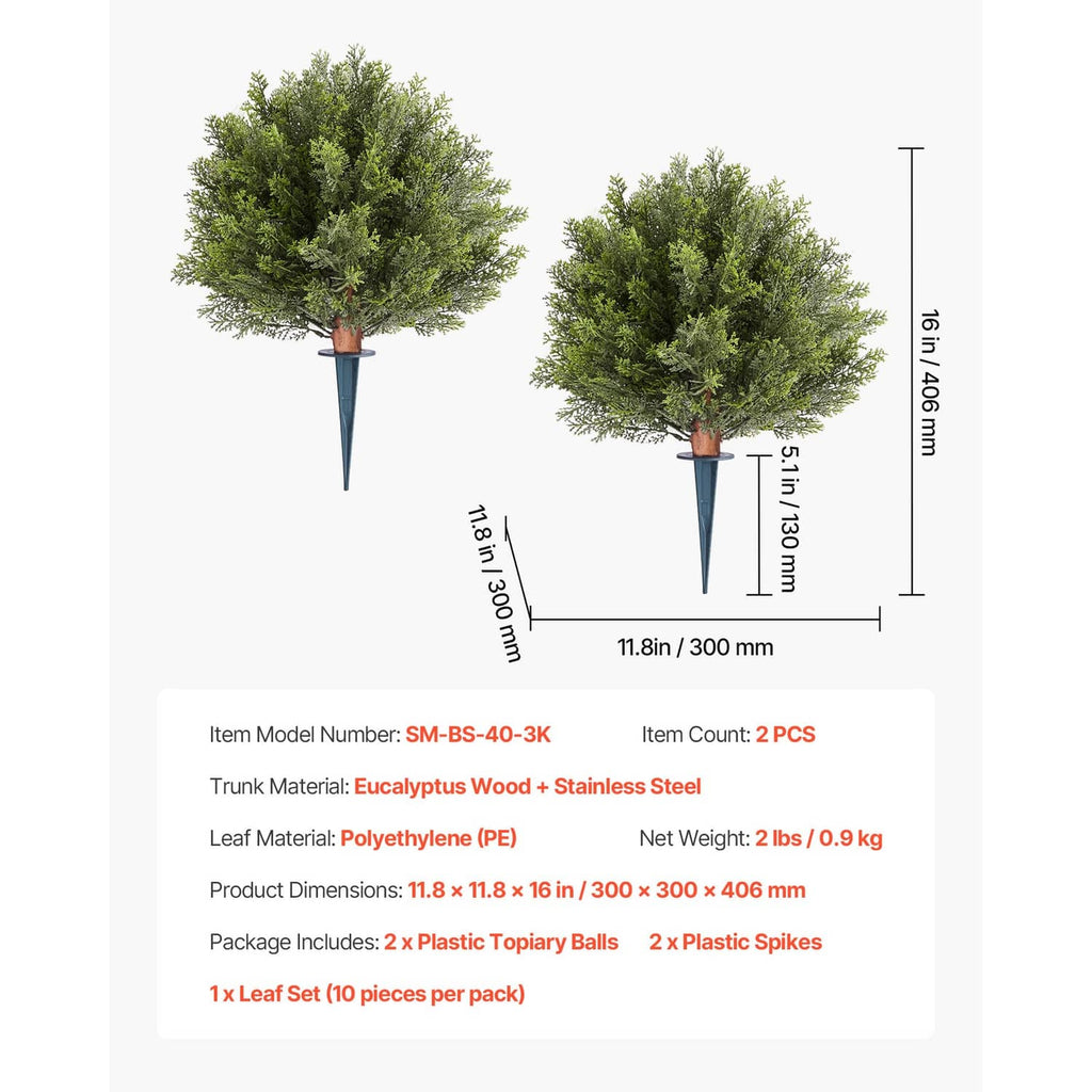 Two artificial cypress topiary trees with green foliage, brown trunk, and blue ground spikes