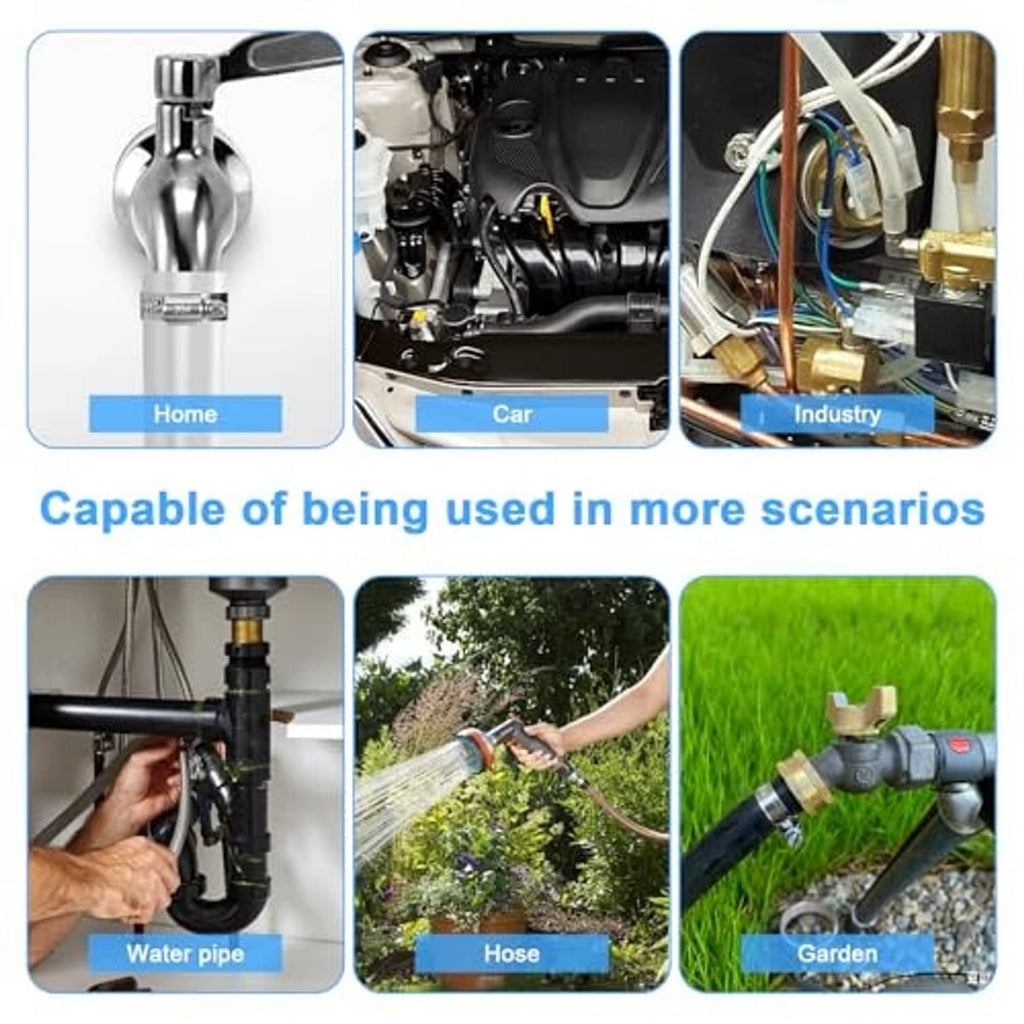 Stainless steel hose clamp with adjustable band and screw housing for tightening.