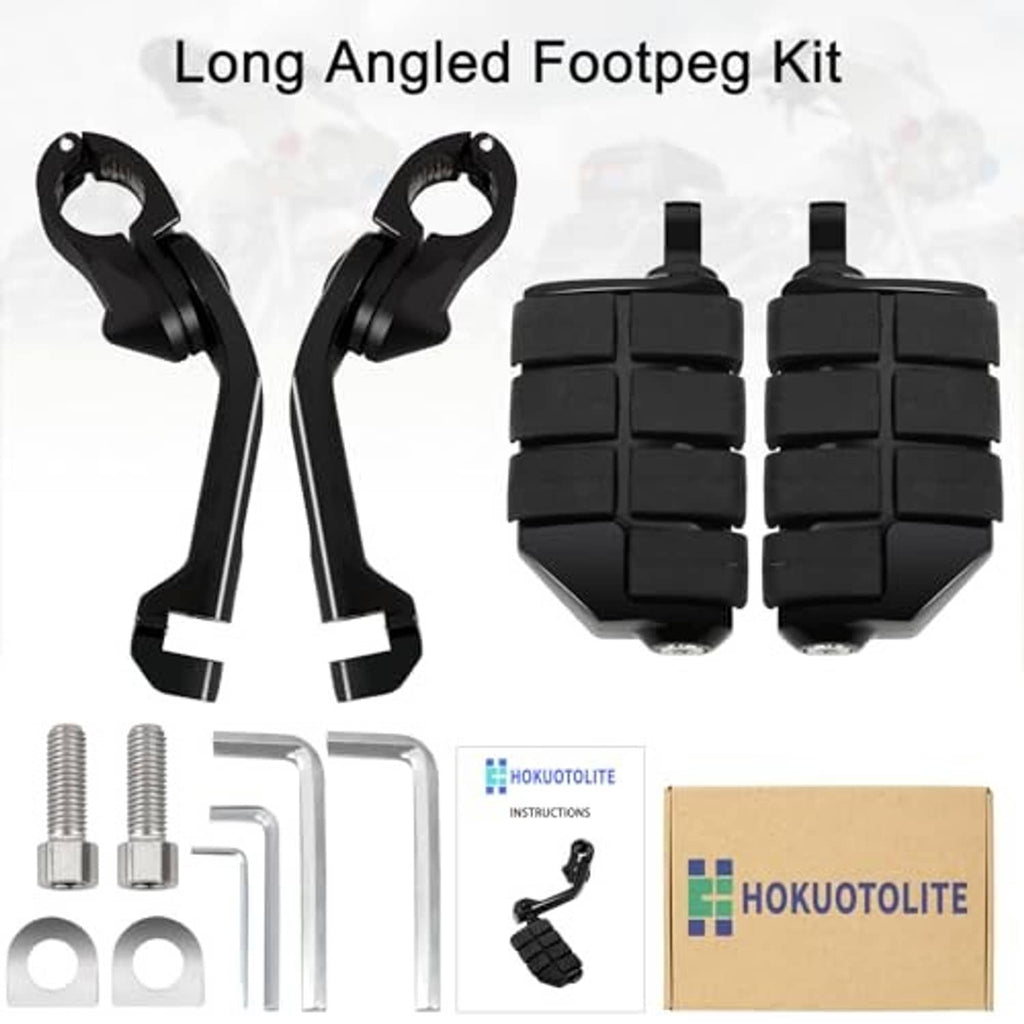 Black long angled foot peg kit with two textured rubber pads and mounting hardware