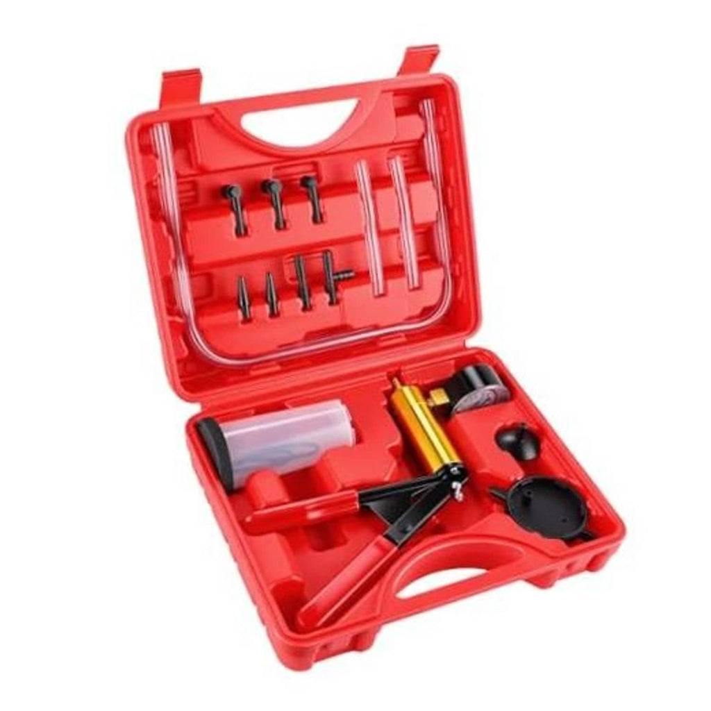 Brake bleeder hand vacuum pump kit in red case with suction lid and adapters