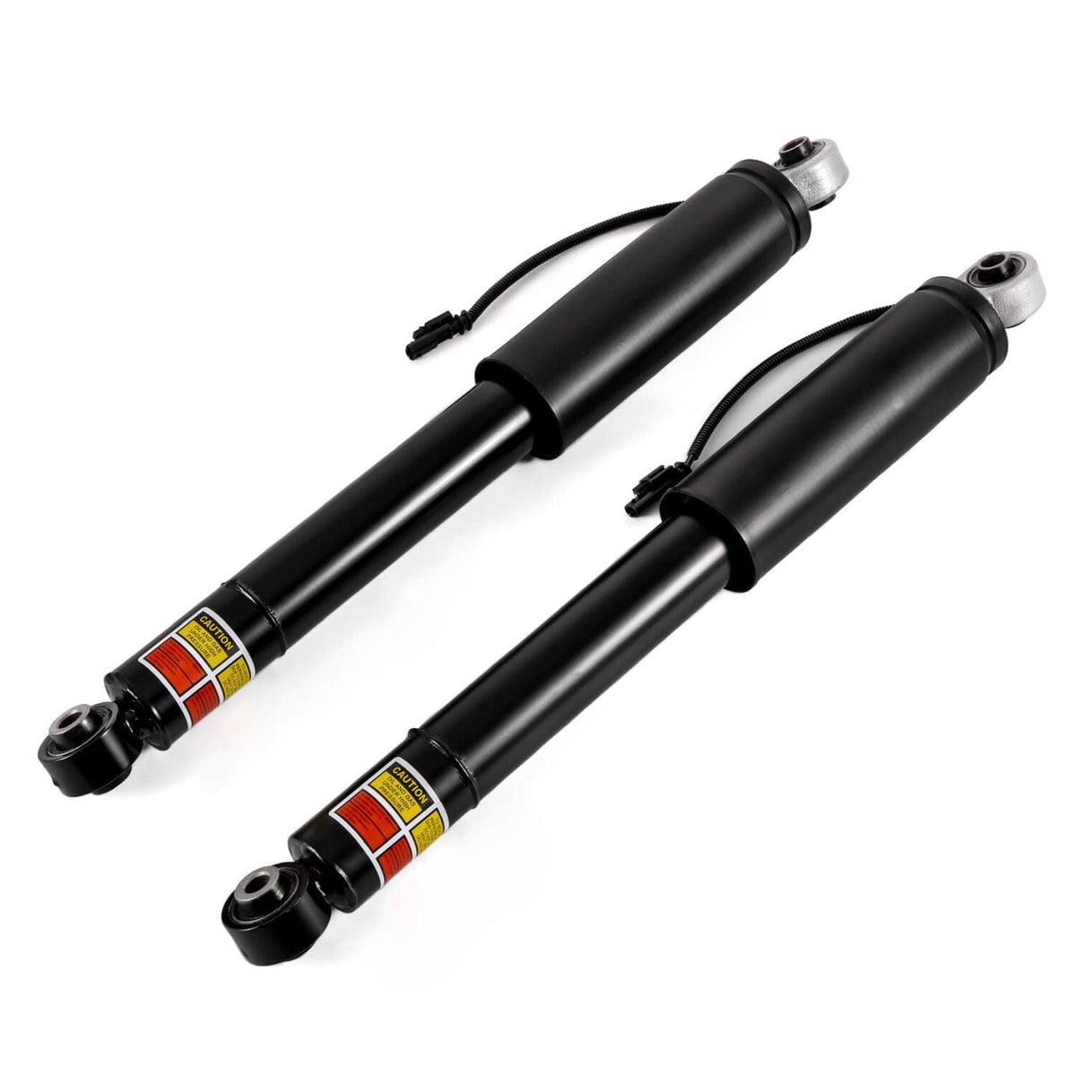 Black rear shock strut set with rubber-bushed mounting ends and attached leads