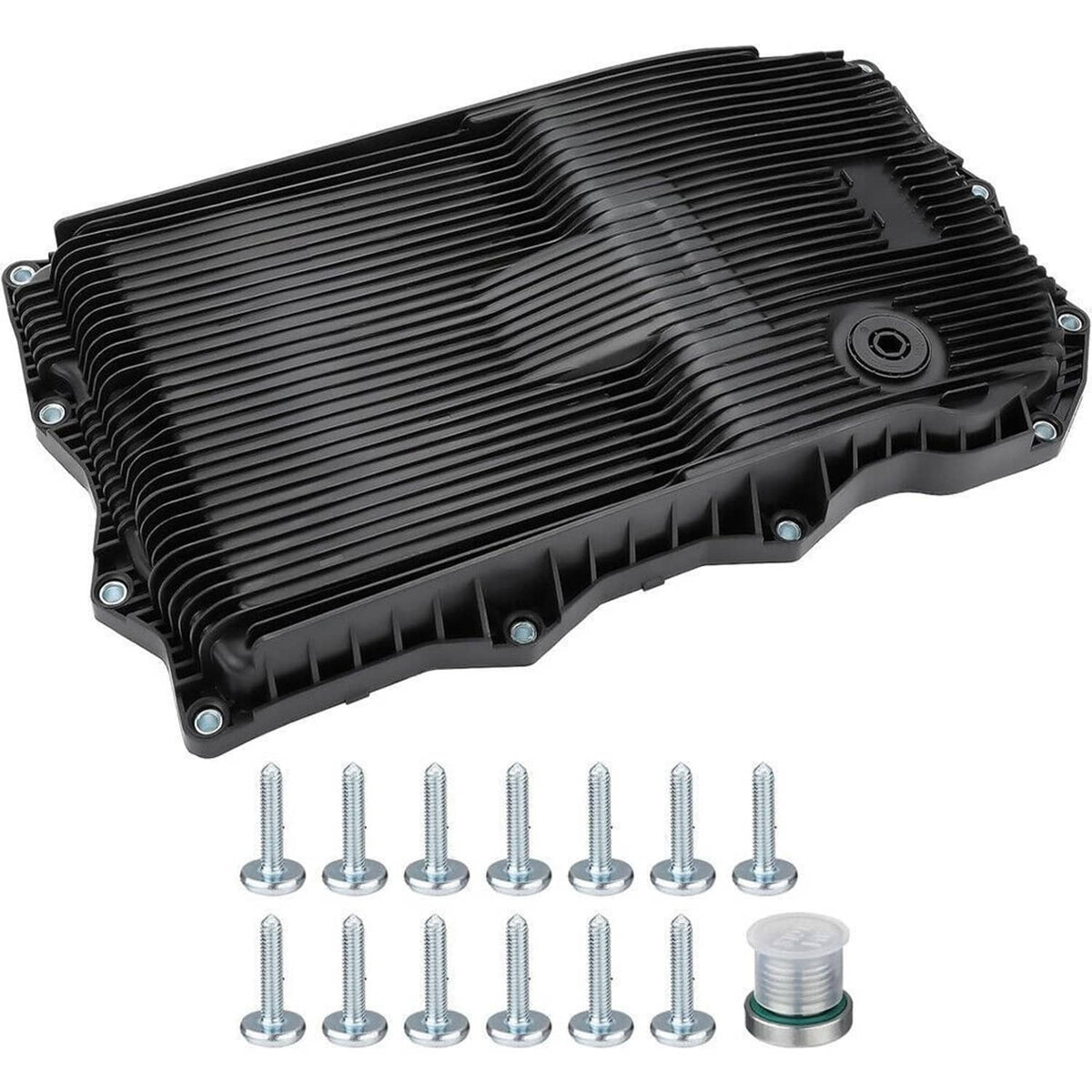 Black automatic transmission oil pan with bolt kit, top view