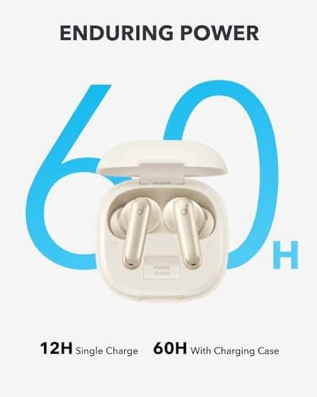 Oat-white wireless earbuds seated in the charging case, earbuds facing outward.