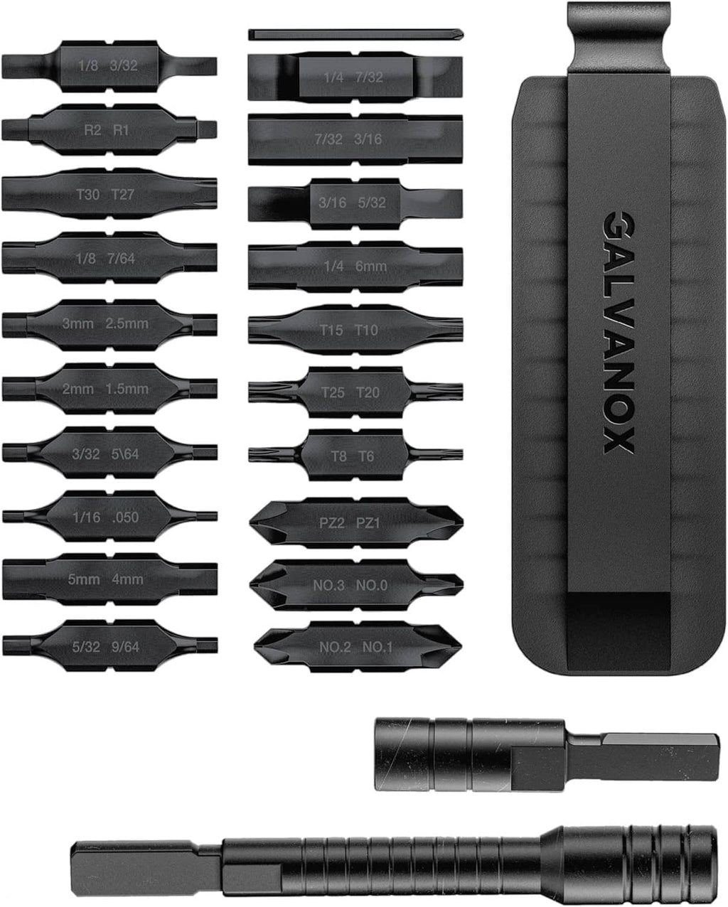 GALVANOX bit set display with bit holder, multiple driver bits, and hard case