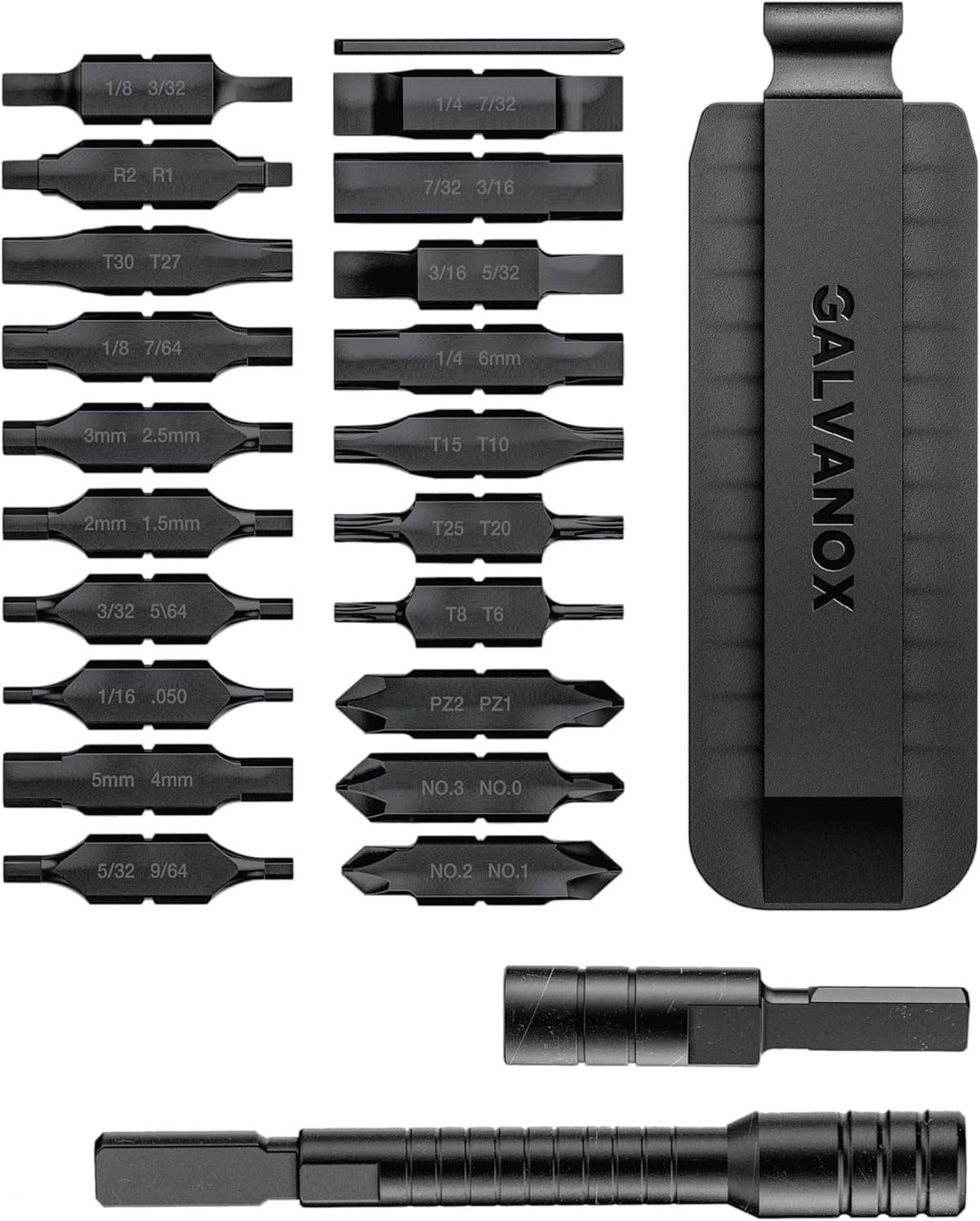 GALVANOX bit set display with bit holder, multiple driver bits, and hard case