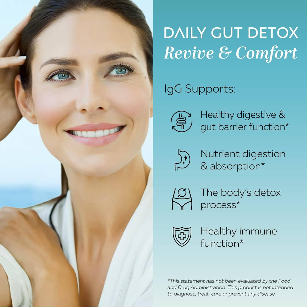 Dairy-free gut detox supplement panel with smiling woman and IgG support icons