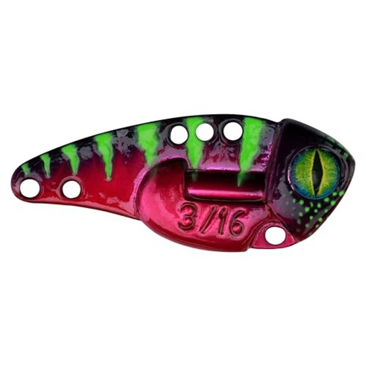 Blade bait fishing lure, magenta-red body with green-black eye, mounted with treble hooks