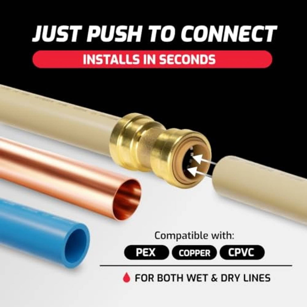 Brass 90-degree push-to-connect elbow fitting with tube insert end