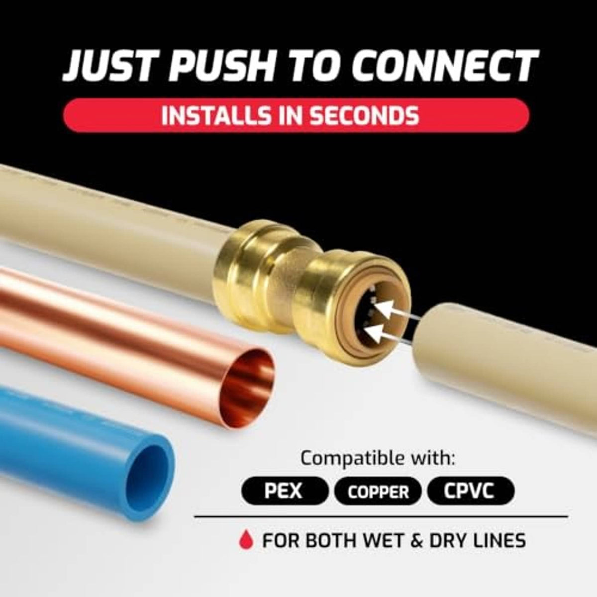 Brass 90-degree push-to-connect elbow fitting with tube insert end