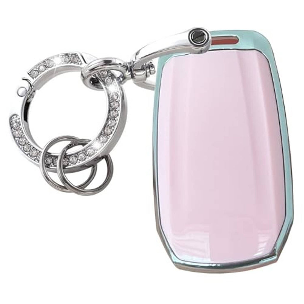 Pink key fob cover shell with teal chrome edges and attached silver key ring hardware