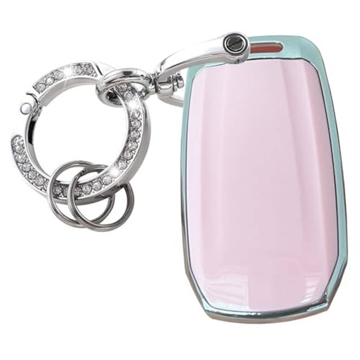 Pink key fob cover shell with teal chrome edges and attached silver key ring hardware