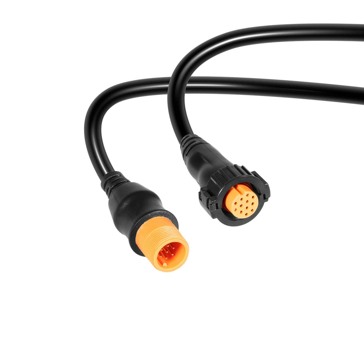 Close-up of black transducer extension cable with orange 12-pin connector ends