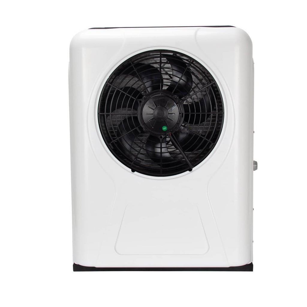 White outdoor AC unit front view with large black cooling fan