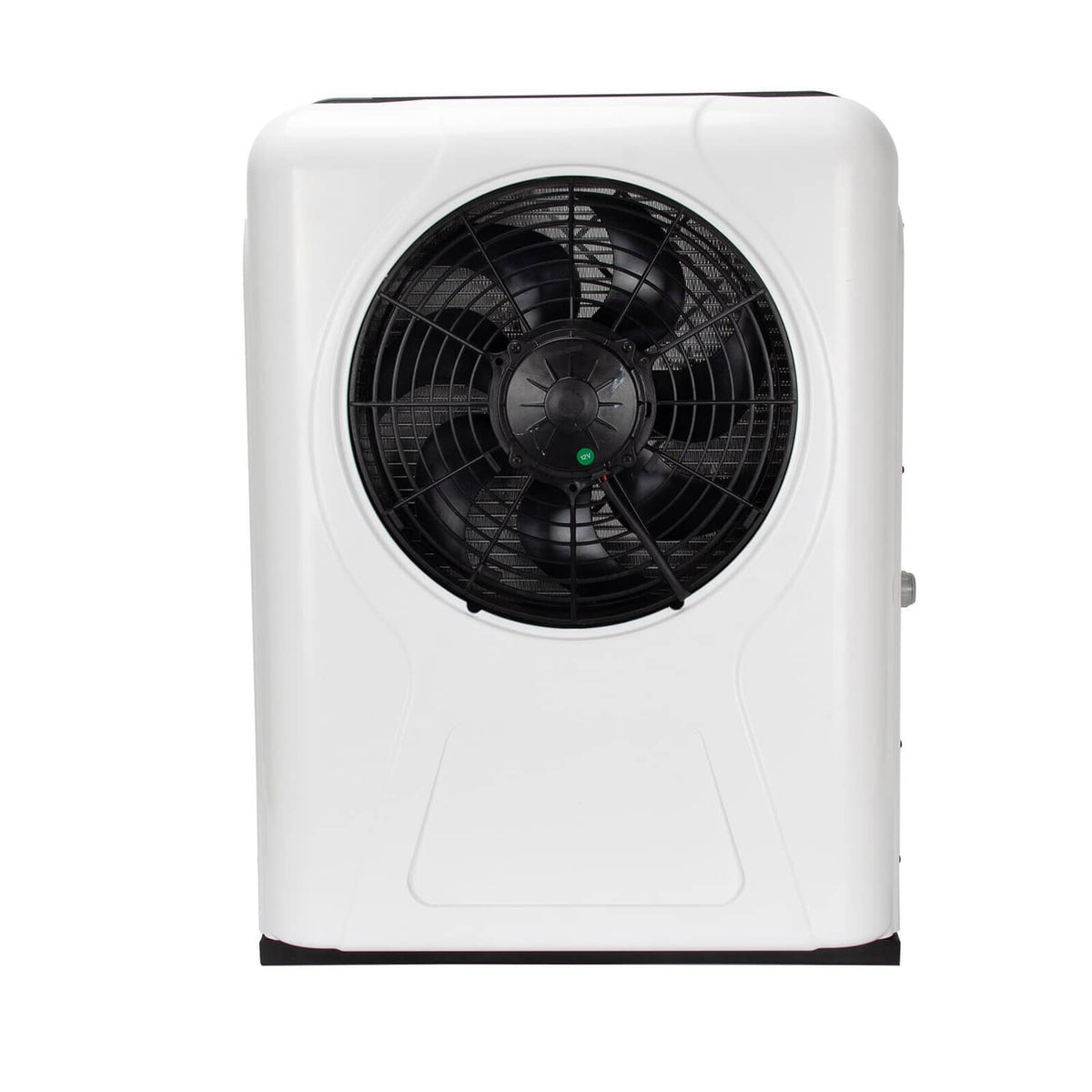 White outdoor AC unit front view with large black cooling fan