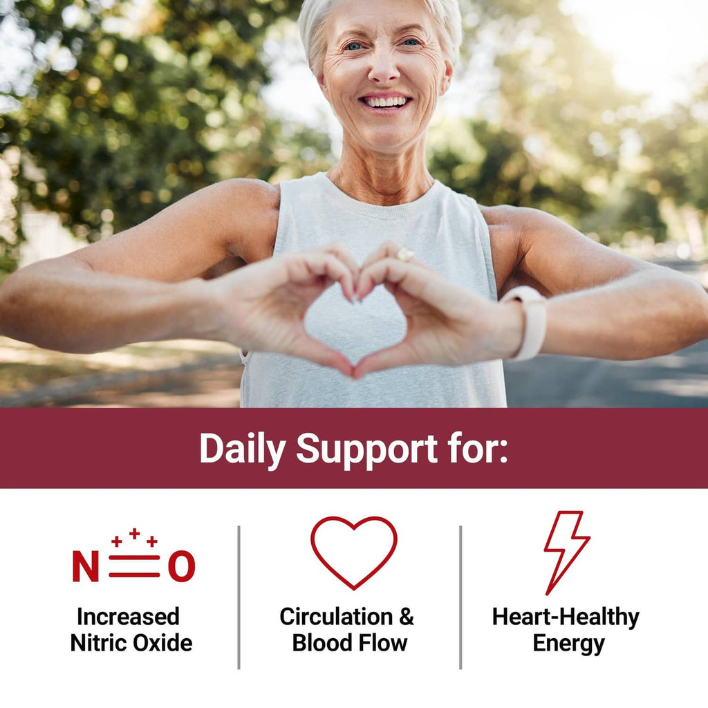Senior woman smiling outdoors making a heart with hands, 'Daily Support for' graphic