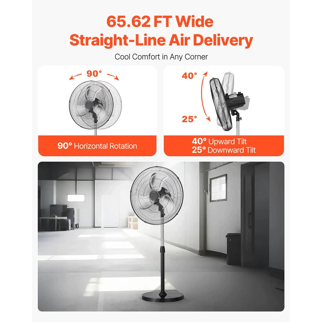 Standing pedestal fan shown with air rotation and tilt direction diagrams