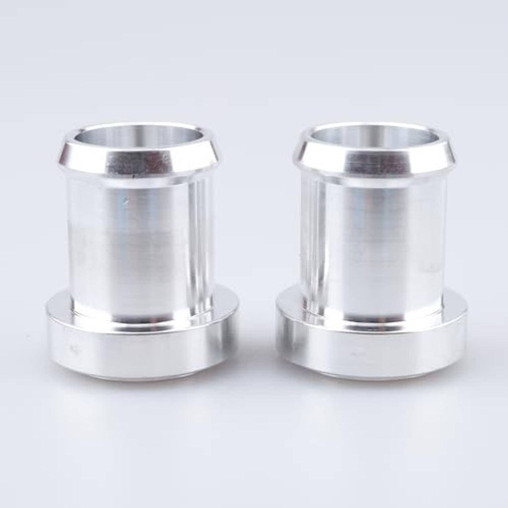 Two stainless steel weldable hose barb tail fittings with wide flange base