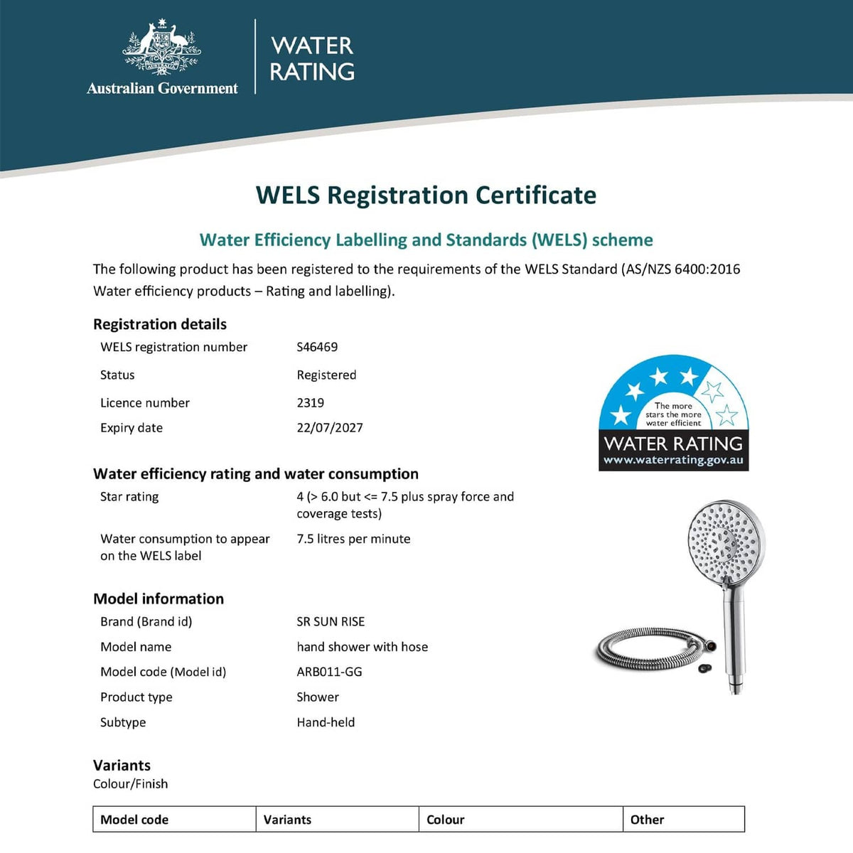Handheld shower with hose next to water rating certificate on a page